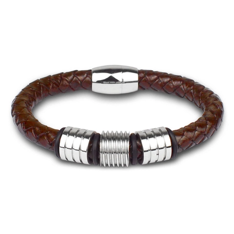Bracciale da Uomo Individuale in Acciaio al Titanio e Pelle Intrecciata Design Originale Anelli in Metallo Lucidato Chiusura Magnetica