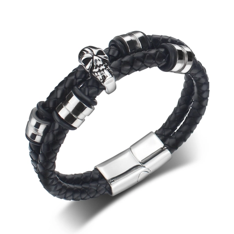 Herren Punk Rock Geflochtenes Lederarmband Mit Edelstahl Totenkopf Ornament Und Magnetverschluss Mode Schmuck Für Männer