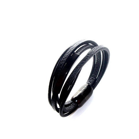 Bracciale da Uomo Minimalista Nero Multistrato in Pelle Intrecciata Acciaio Inossidabile Chiusura Magnetica Punk Gioielli