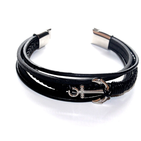 Pulsera Multicapa de Cuero Trenzado para Hombre Con Colgante de Ancla de Plata Estilo Punk Náutico Vintage Pulsera de Cordón de Cuero Negro