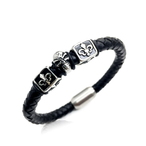 Men Vintage Stainless Steel Skull Braided Leather Bracelet Punk Rock Biker Cuff Jewelry With Fleur De Lis Magnetic Clasp