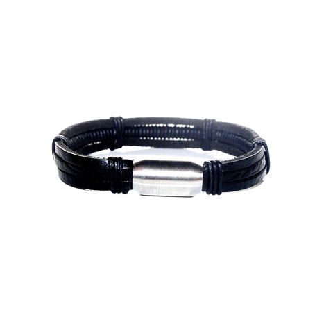 Bracciale da Uomo Multistrato in Pelle Intrecciata Con Chiusura Magnetica in Acciaio al Titanio Stile Punk Minimalista Nero