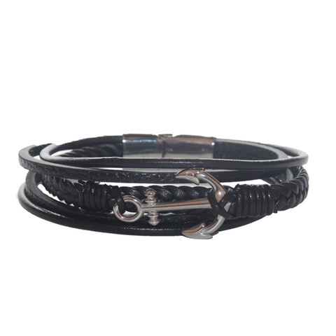 Pulsera Multicapa de Cuero Trenzado para Hombre Con Colgante de Ancla de Plata Estilo Punk Náutico Vintage Pulsera de Cordón de Cuero Negro
