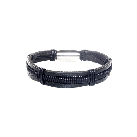 Bracciale da Uomo Multistrato in Pelle Intrecciata Con Chiusura Magnetica in Acciaio al Titanio Stile Punk Minimalista Nero
