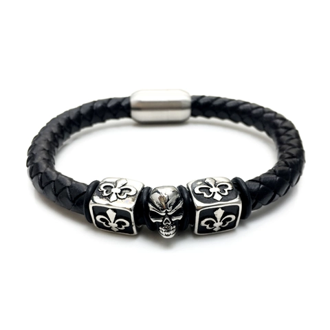 Men Vintage Stainless Steel Skull Braided Leather Bracelet Punk Rock Biker Cuff Jewelry With Fleur De Lis Magnetic Clasp