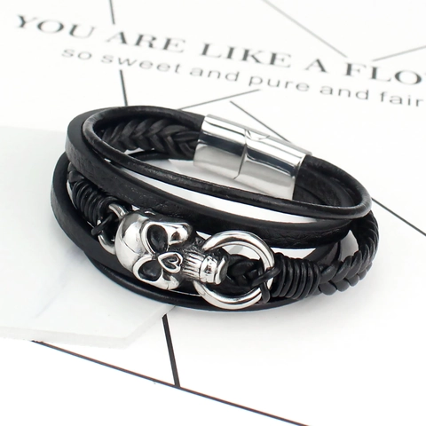 Men's Punk Retro Multilayer Hand Woven Leather Bracelet Silver Skull Charm Zinc Alloy Magnetic Buckle Rock Style Jewelry