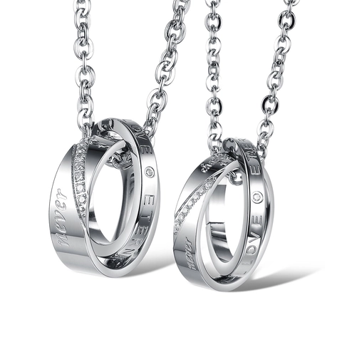 Roestvrijstalen Dubbele Ring Hanger Halsketting Strass Ingelegde Love Eternity Gegraveerd Koppel Sieraden Cadeau Voor Mannen Vrouwen