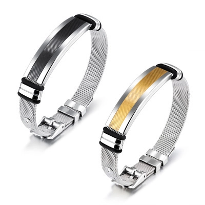 Brazalete Sencillo de Acero de Titanio para Hombre Pulsera de Malla Milanesa Ajustable Textura de Rombos Negro Dorado