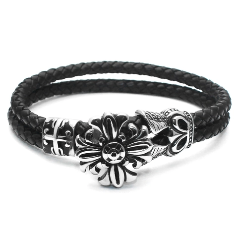 Vintage Herren Geflochtenes Lederarmband Gothic Kreuz Blume Anhänger Punk Retro Legierung Handgewebt Schwarz Armreif Schmuck