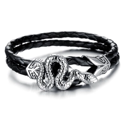 Bracciale da Uomo Retrò Multistrato in Vera Pelle Intrecciata Nera Con Fibbia a Testa di Serpente in Acciaio Inossidabile Punk Rock