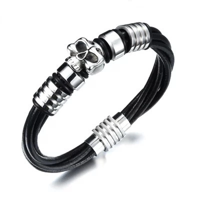 Heren Vintage Punkrock Gevlochten Leren Armband Met Roestvrijstalen Schedel Magneetsluiting Gotische Gelaagde Sieraden