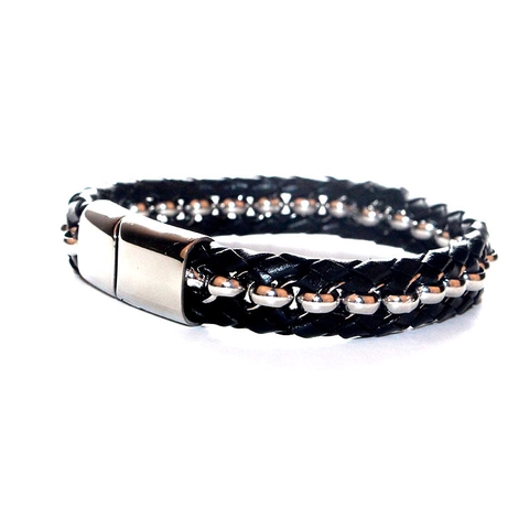 Bracciale in Pelle Intrecciata da Uomo Con Perline in Acciaio Inossidabile Chiusura Magnetica Moda Nero Catena da Mano Gioielli Maschili