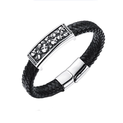 Punk Rock Herren Echtleder Geflochtenes Armband Mit Edelstahl Totenkopf Graviert Platte Magnetverschluss Gothic Armreif Schmuck Geschenk
