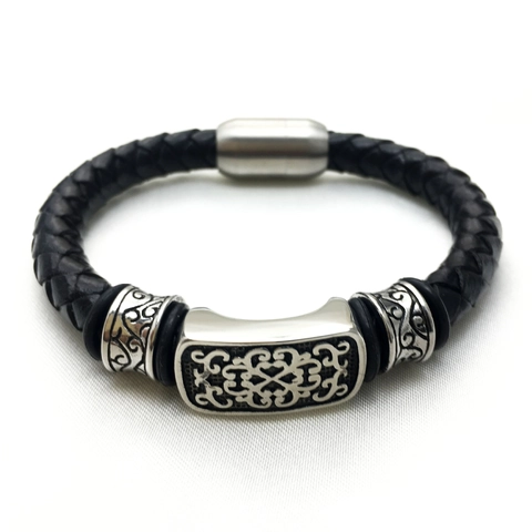 Men Braided Genuine Leather Bracelet With Titanium Steel Magnetic Clasp Vintage Engraved Scroll Pattern Punk Cuff Bangle Jewelry
