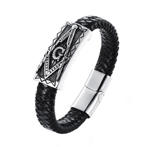 Men's Vintage Braided Cowhide Leather Bracelet Stainless Steel Freemasonry Symbol G Plate Magnetic Clasp Punk Jewelry Gift