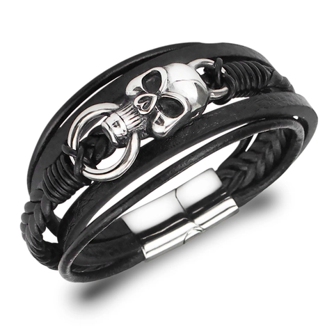 Men's Punk Retro Multilayer Hand Woven Leather Bracelet Silver Skull Charm Zinc Alloy Magnetic Buckle Rock Style Jewelry