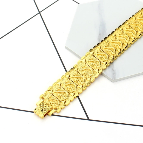 Men Gold Plated Copper Bracelet With Thick Dragon Pattern Relievo Domineering Wide Metal Bangle Fashion Jewelry For Men Gift