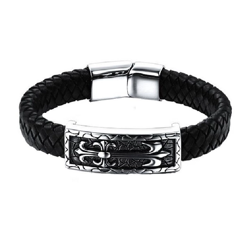 Men Gothic Punk Black Woven Genuine Leather Bracelet With Fleur De Lis Cross Stainless Steel Magnetic Clasp Biker Jewelry