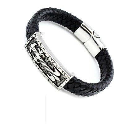 Men Gothic Punk Black Woven Genuine Leather Bracelet With Fleur De Lis Cross Stainless Steel Magnetic Clasp Biker Jewelry