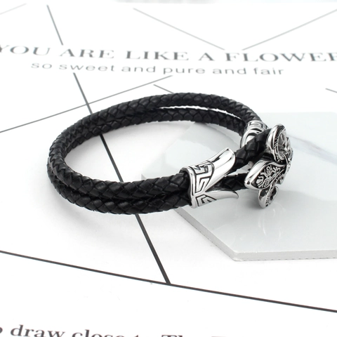 Herren Punk Geflochtenes Echtleder Armband Mit Silber Fleur-de-lis Verschluss Retro Rock Stil Schwarzes Armband Schmuck