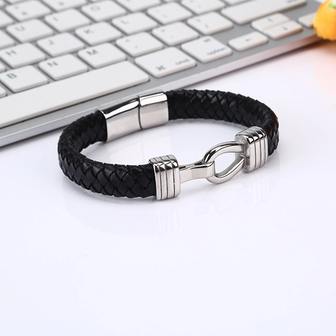 Herren Einfach Edelstahl Hufeisenschnalle Magnetverschluss Gewebtes Lederarmband Punk Stil Schwarz Geflochtene Manschette Schmuck Geschenk