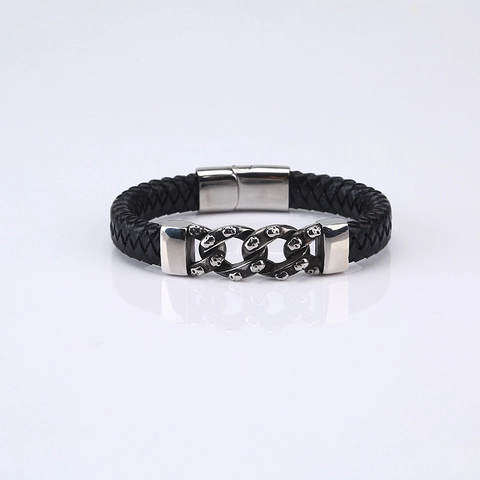 Bracciale in Pelle Intrecciata Punk da Uomo Con Catena a Teschio in Acciaio Inossidabile Chiusura Magnetica Gioielli Gothic Rock Biker