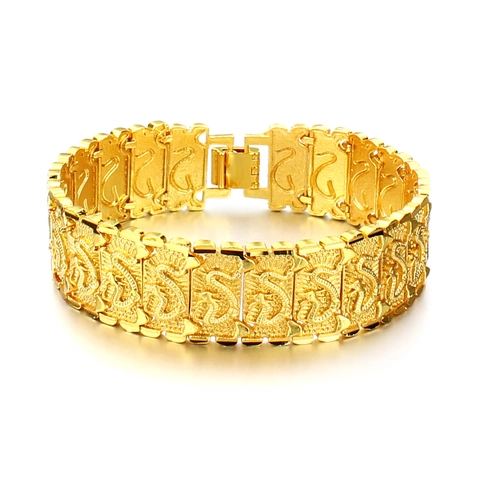 Men Gold Plated Copper Bracelet With Thick Dragon Pattern Relievo Domineering Wide Metal Bangle Fashion Jewelry For Men Gift