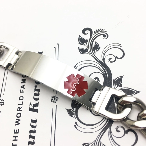 Bracciale Medico in Acciaio Inossidabile da Uomo Maglia Cubana Argento Emergenza Star Of Life Piastra Identificativa