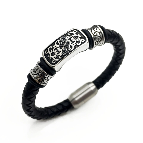 Men Braided Genuine Leather Bracelet With Titanium Steel Magnetic Clasp Vintage Engraved Scroll Pattern Punk Cuff Bangle Jewelry