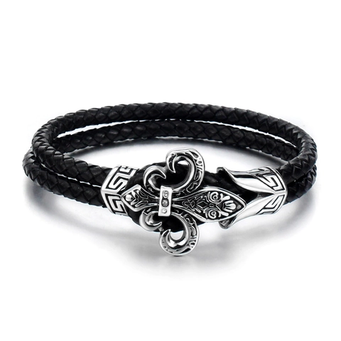 Herren Punk Geflochtenes Echtleder Armband Mit Silber Fleur-de-lis Verschluss Retro Rock Stil Schwarzes Armband Schmuck