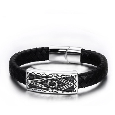 Herren Edelstahl Geflochtenes Lederarmband Mit Freimaurersymbol Retro Religiös Magnetverschluss Schwarz Armreif