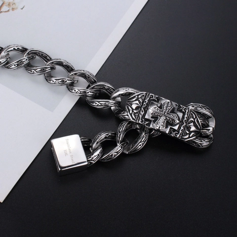 Bracciale da Uomo in Acciaio Inossidabile Gothic Vintage Catena Pesante Motivo a Croce Goffrato Gioielli Punk Biker Argento