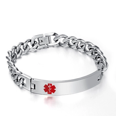 Bracciale Medico in Acciaio Inossidabile da Uomo Maglia Cubana Argento Emergenza Star Of Life Piastra Identificativa