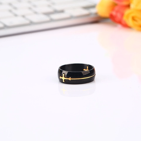 Vintage Titanium Steel Cross Ring For Men Punk Gothic Black Gold Pattern Band Ring Religious Fashion Jewelry Accessory