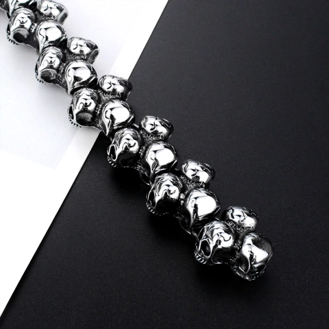 Men Gothic Titanium Steel Skull Head Bracelet Vintage Punk Biker Cross Pattern Silver Link Chain Jewelry Accessory