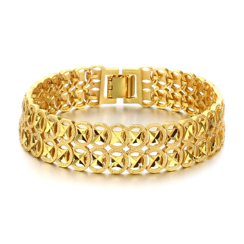 Bracelet Large pour Hommes Vintage en Cuivre Plaqué Or Dix-Huit Carats Cercles Géométriques Creux Fermoir de Sécurité Plié