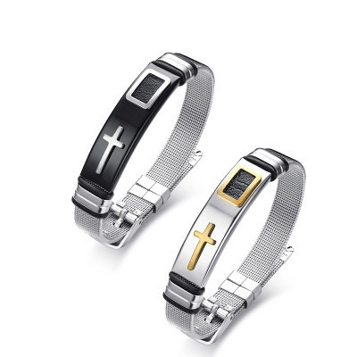 Bracciale da Uomo in Maglia di Acciaio Inossidabile Regolabile Milanese con Ciondolo a Croce Gioielli Religiosi Nero Oro