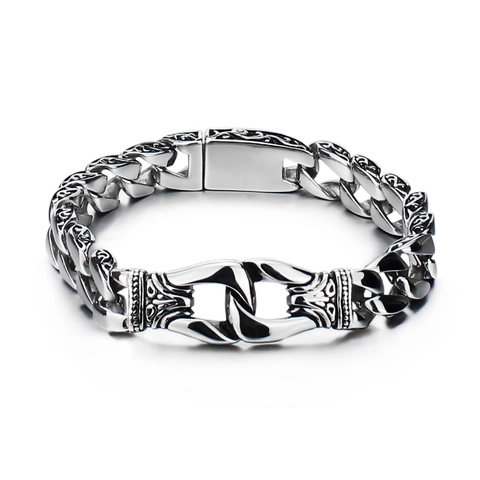 Bracciale da Uomo Vintage in Acciaio Inossidabile a Maglia Cubana con Motivo Inciso Retro Gothic Punk Hip Hop Gioielli