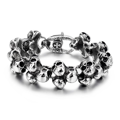 Men Gothic Titanium Steel Skull Head Bracelet Vintage Punk Biker Cross Pattern Silver Link Chain Jewelry Accessory