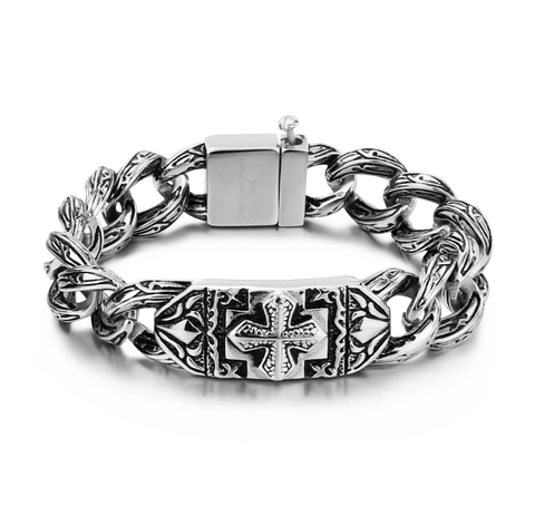 Bracciale da Uomo in Acciaio Inossidabile Gothic Vintage Catena Pesante Motivo a Croce Goffrato Gioielli Punk Biker Argento