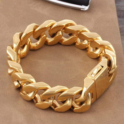 Men's Fashion Titanium Steel Cuban Link Bracelet Heavy Metal Gold Plated Geometric Wide Chain Bracelet Jewelry Accessory