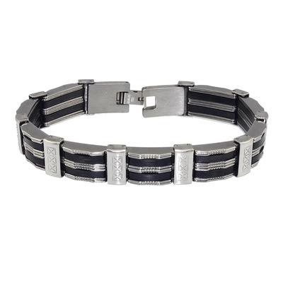Bracelet Homme Mode Acier Inoxydable et Silicone Motif Géométrique X Style Industriel Avec Fermoir Pliant Bijou Cadeau