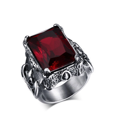 Men's Retro Punk Gothic Titanium Steel Ring Red Rhinestone Inlaid Casting Claw Pattern Finger Ring Jewelry Gift For Men