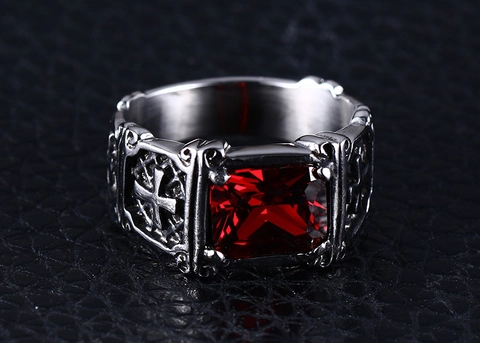 Vintage Gothic Men Stainless Steel Ring Red Black Rhinestone Cross Relief Punk Heavy Metal Biker Signet Band Ring