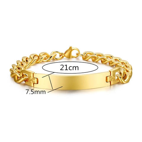 Bracciale ID a Maglia Cubana in Acciaio Inossidabile da Uomo Placcato Oro Design Geometrico con Piastra Metallica Lucida
