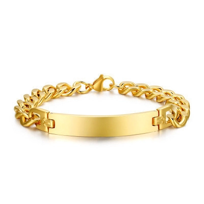Bracciale ID a Maglia Cubana in Acciaio Inossidabile da Uomo Placcato Oro Design Geometrico con Piastra Metallica Lucida