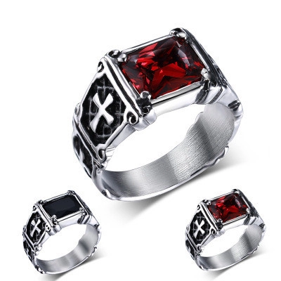 Vintage Gothic Men Stainless Steel Ring Red Black Rhinestone Cross Relief Punk Heavy Metal Biker Signet Band Ring