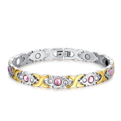 Fashion Women Stainless Steel Magnetic Therapy Bracelet Two-tone Gold Silver Rhinestone Inlaid Health Jewelry Accessory