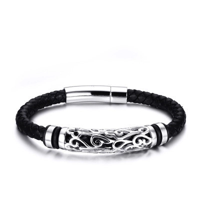 Vintage Men Braided Genuine Leather Bracelet With Stainless Steel Hollow Filigree Tube Retro Punk Magnetic Clasp Hand Jewelry
