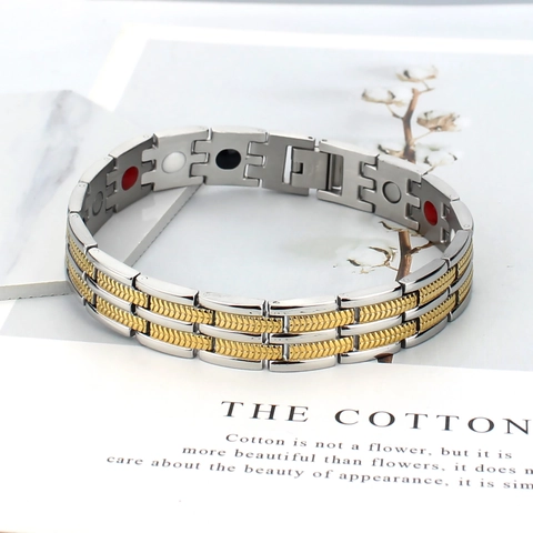 Men Stainless Steel Magnetic Therapy Bracelet Two-tone Gold Silver Healthy Jewelry Wheat Ear Pattern Link Bracelet